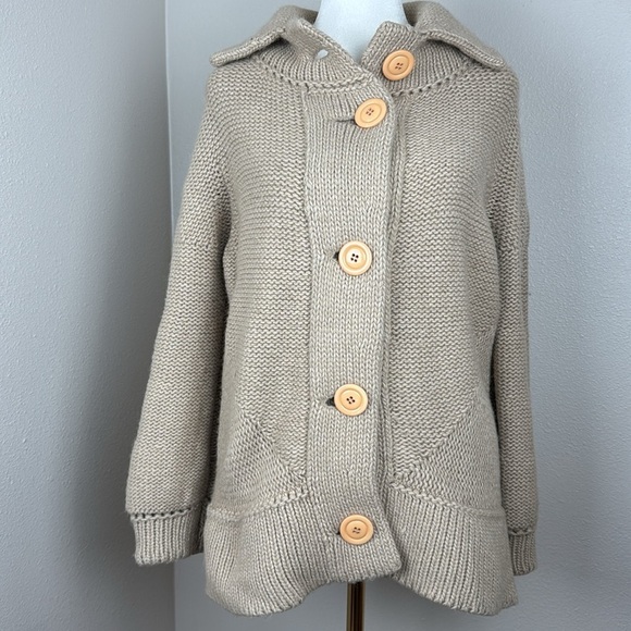 System Chunky Beige Oatmeal High-Neck Wool-Blend Button-Up Cardigan sz M - Picture 2 of 12